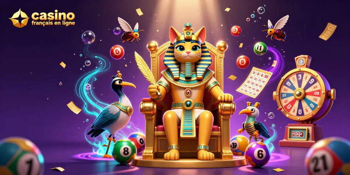 Plongez dans le monde du casino français en ligne avec des sphères colorées et un chat pharaon.