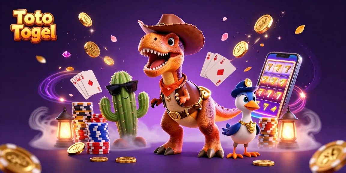 Win big on Toto Togel with a thrilling 3D casino scene of a dinosaur, cactus, and roadrunner.