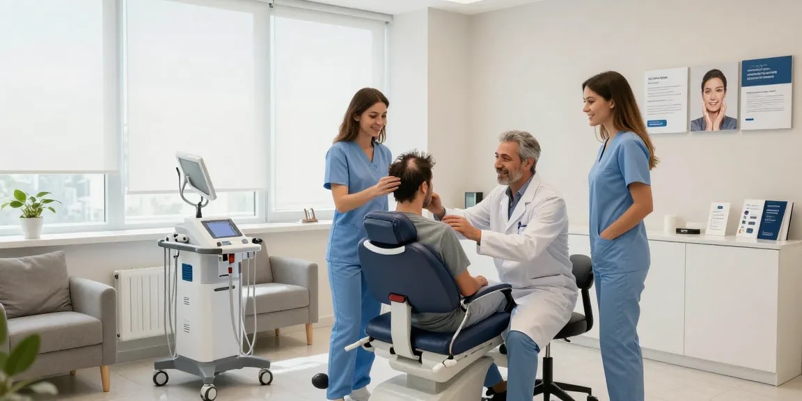 Hair transplant Turkey consultation in a modern clinic setting, showcasing patient care and expert medical services.