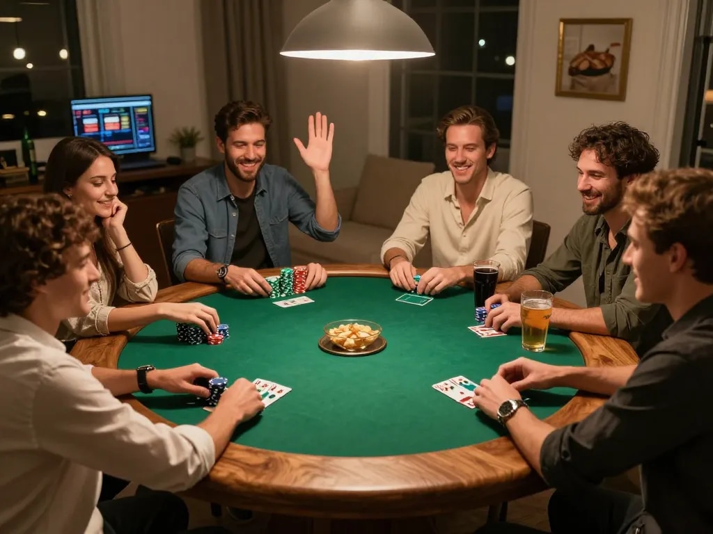 Friends celebrating a win during poker night, showcasing F168's engaging gaming atmosphere.