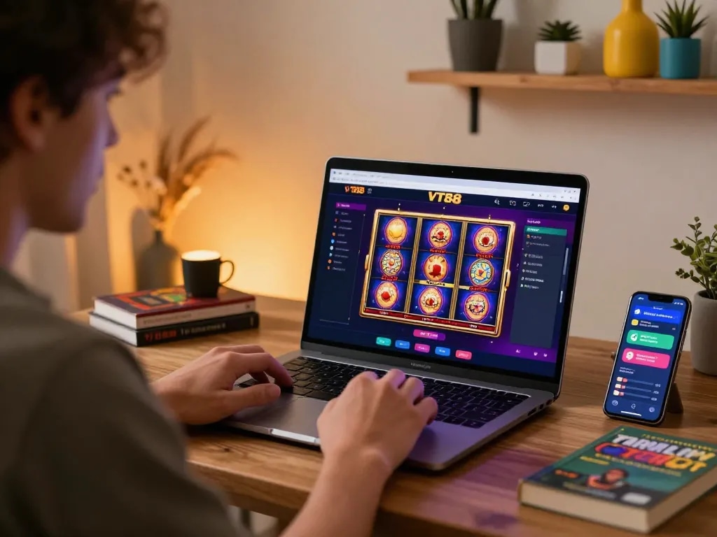 Engaging in dynamic gameplay on VT88 online platform from a cozy home setup with vibrant visuals