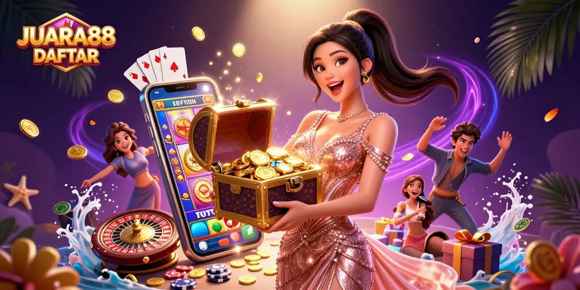 Experience the thrill of JUARA88 DAFTAR with a joyful character presenting treasures in a dynamic casino scene.