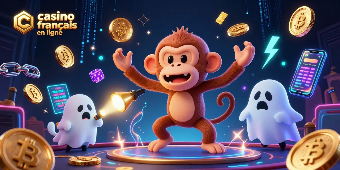 Visuel captivant de casino français en ligne avec un singe poltergeist et un chiot chasseur de fantômes explorant des trésors en or.