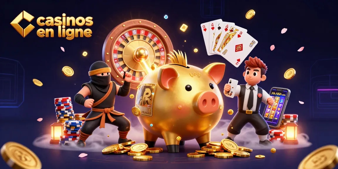 Image d'une scène dynamique avec des personnages de casinos en ligne, incluant un sumo et des éléments de jeu colorés.