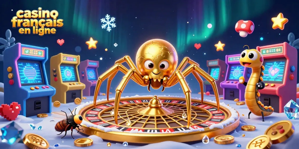 Pariez au casino francais en ligne avec cette illustration dynamique d'une araignée d'or et des jeux colorés.