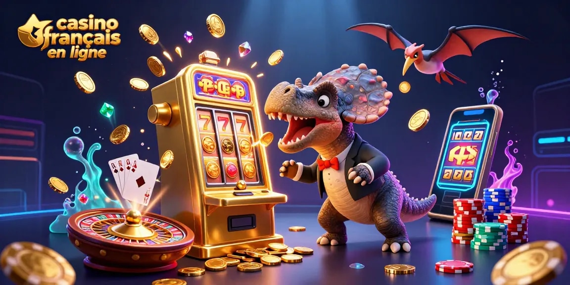 Débloquez les jackpots au casino français en ligne avec une illustration de dinosaures et des pièces d'or.