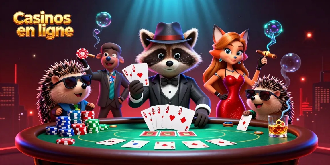 Profitez des casinos en ligne avec un raton laveur joueur et ses amis dans une scène de poker dynamique.