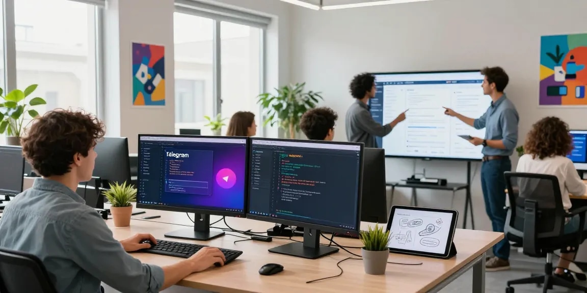 Collaborative team working on telegram中文版下载 in a modern digital workspace.