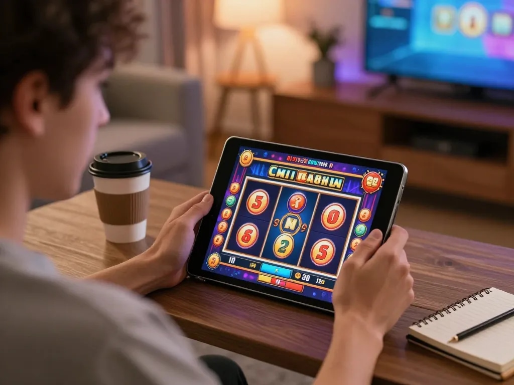 99win player engaging in online slot games with colorful graphics at home