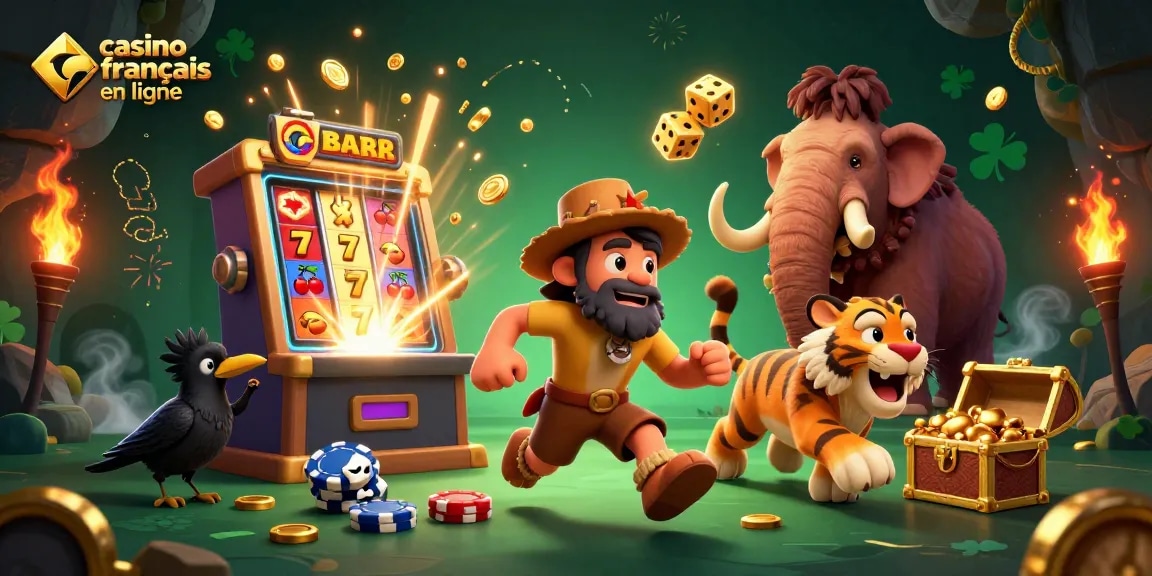 Jouez à des jeux passionnants dans un casino français en ligne avec une ambiance préhistorique et des personnages animés.