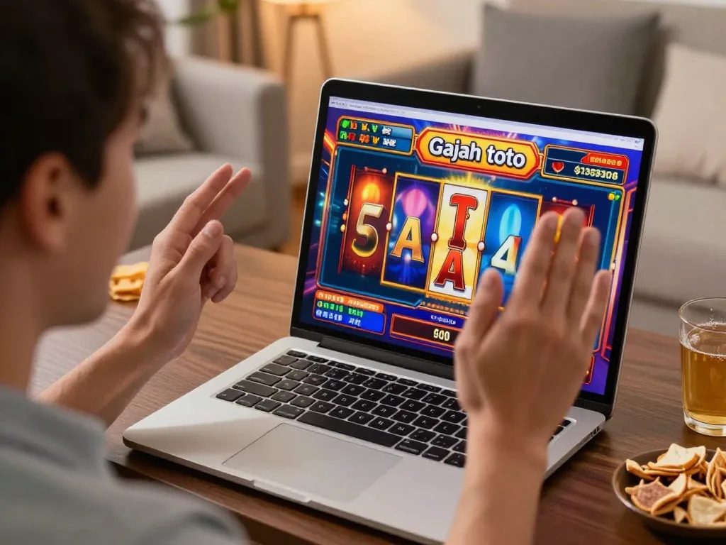 Player celebrates a big win on gajah toto slot game in a cozy home setting.