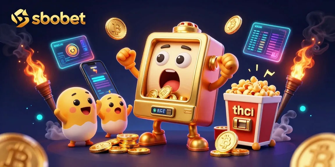 sbobet players hitting jackpots with golden slot machines and floating crypto coins in a dynamic casino scene