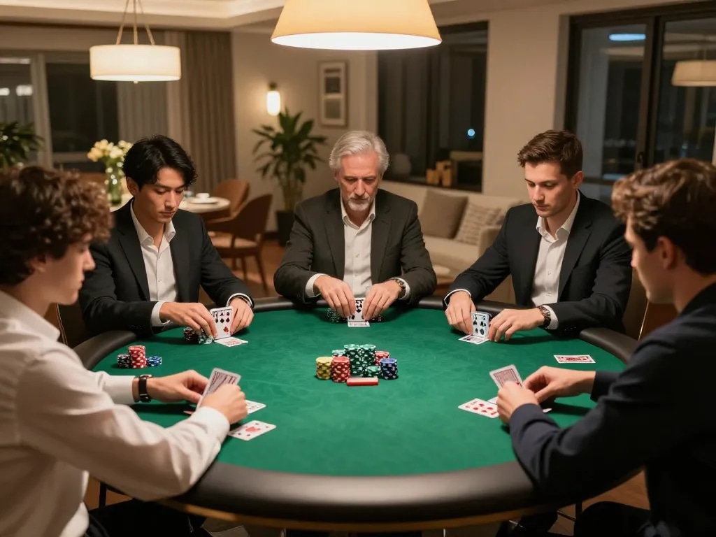 Players engage in a strategic poker game at home, enhancing their skills with okwin.