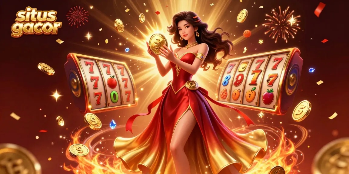 Experience excitement with situs gacor as a beautiful woman holds a gleaming golden coin amidst slot reels and dazzling lights.