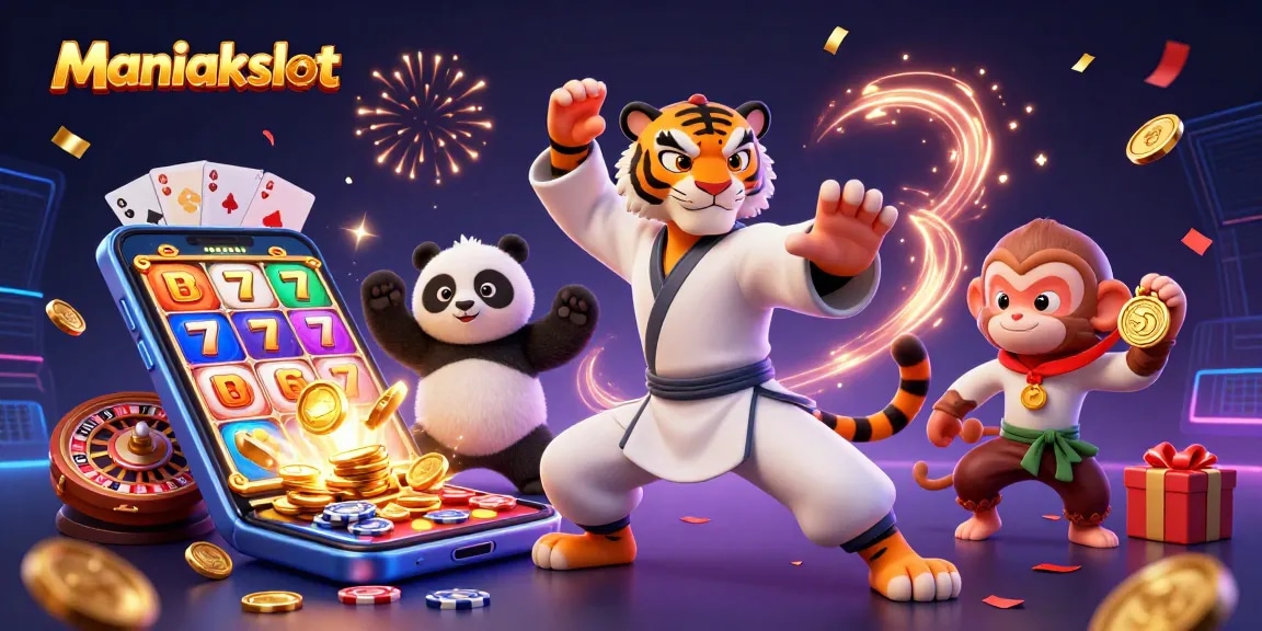 Engage with Maniakslot as the kung fu tiger master showcases dynamic slot symbols and casino excitement.