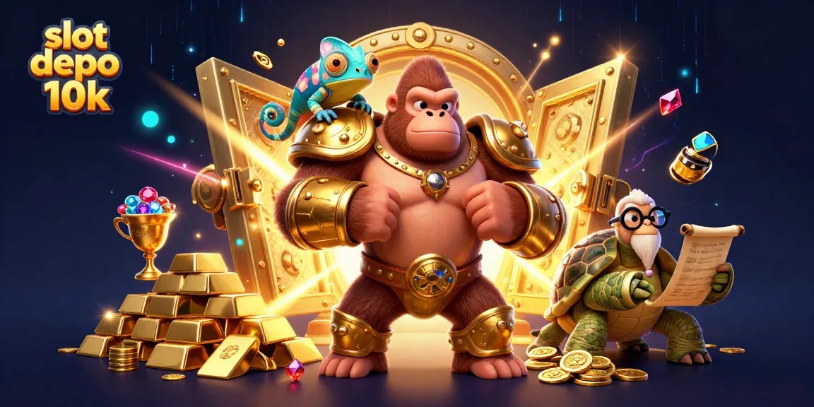 Experience the thrill of slot depo 10k with a dynamic scene featuring a powerful gorilla king, as gems and gold spill through a vibrant casino setting.