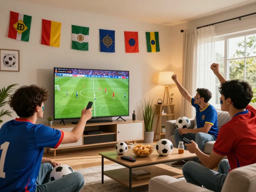 Fans enjoying a thrilling Cakhiatv football match in a lively living room.