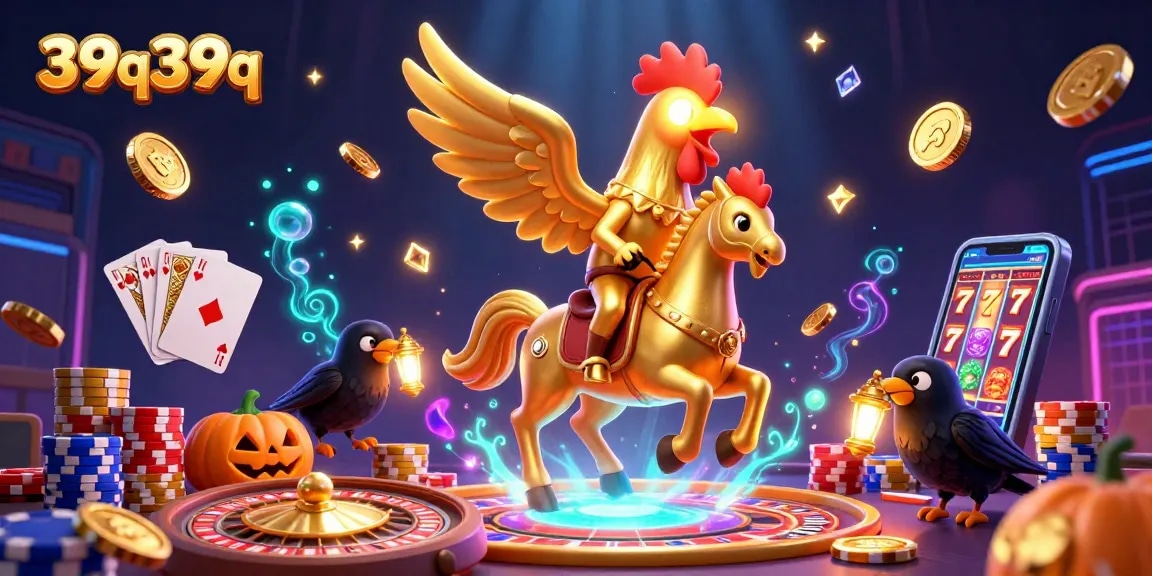 Engage with 39q39q's vibrant casino scene featuring a golden rooster and sparkling game elements.