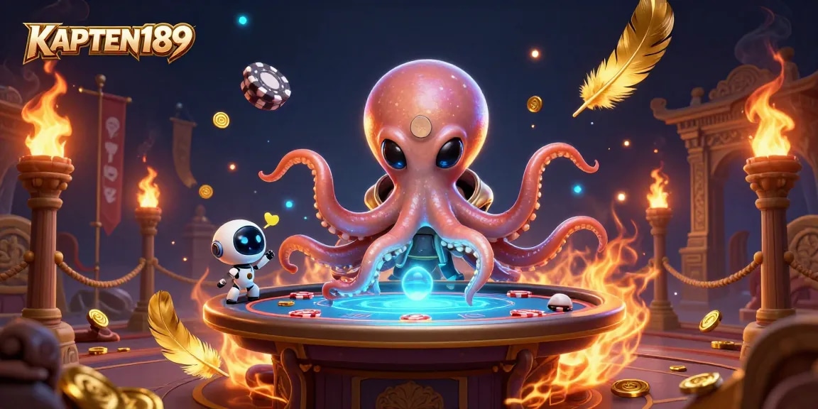 KAPTEN189 menghadirkan ilustrasi kasino digital dengan karakter alien dan robot di meja poker holografik.