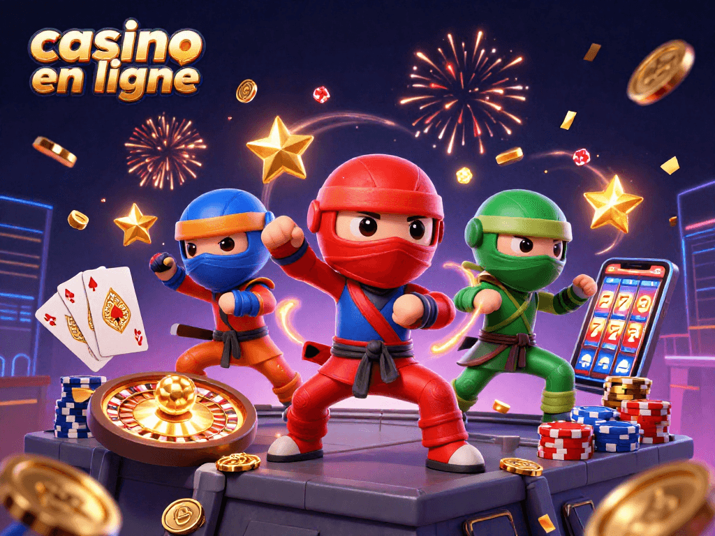 Illustration dynamique d'une équipe de caméléons ninja présentée dans un casino en ligne, lançant des étoiles dorées et entourée de pièces et de jetons.