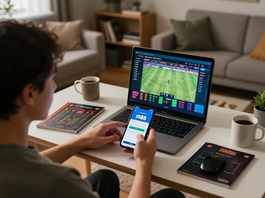 Terlibat dalam taruhan olahraga dengan m88 login di smartphone dan laptop dalam suasana ruang tamu yang nyaman.