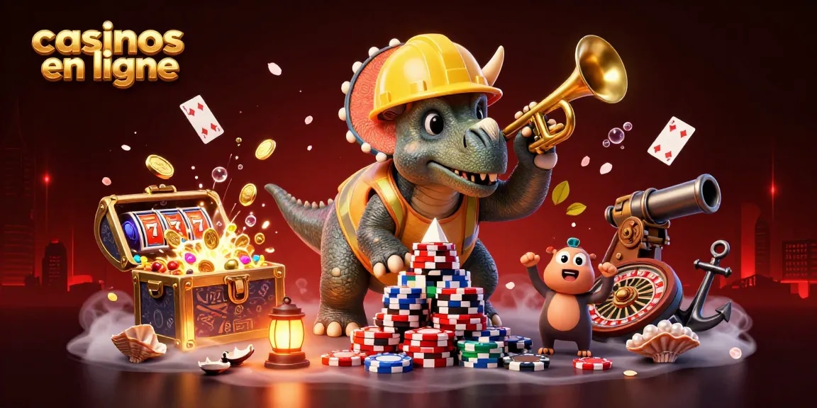 Découvrez les casinos en ligne avec une illustration festive de dinosaures construisant un château de jetons.