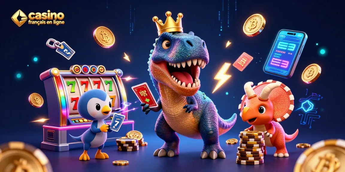 Cliquez sur le casino français en ligne avec un T-Rex jouant aux cartes et un Triceratops empilant des jetons d'or.