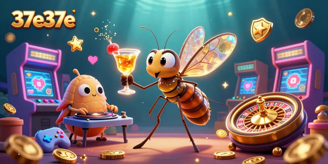 Conheça o mascote do 37e37e em uma cena de cassino vibrante e detalhada.