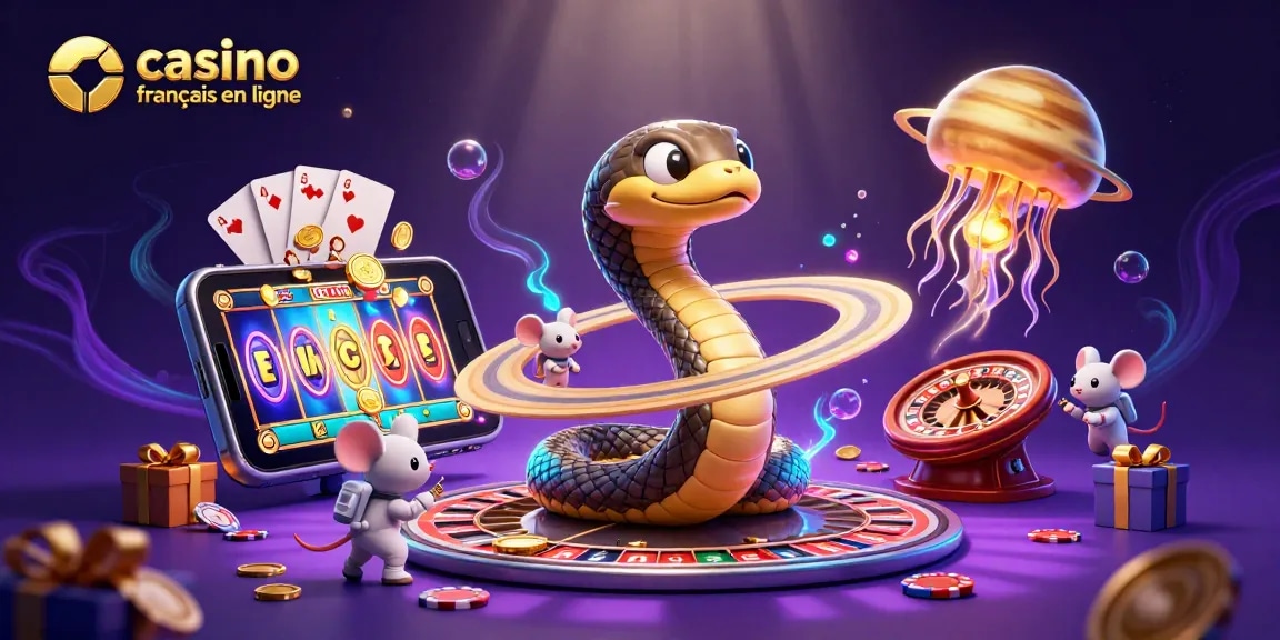 Le serpent d'anneaux de Saturne en roulette dans un casino francais en ligne lumineux avec des astronautes pariant.