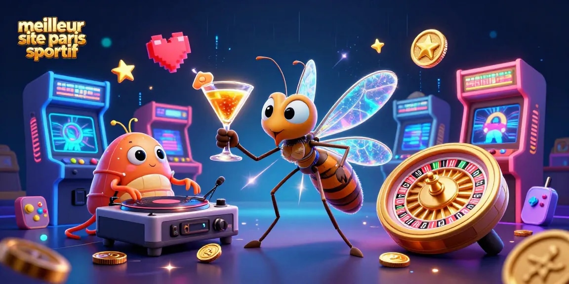 Le meilleur site de paris sportif avec un insecte mascotte en casino et éléments de jeu colorés.