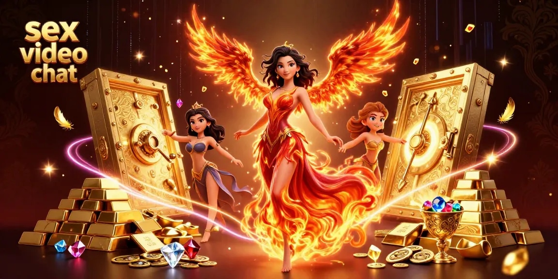 Engage in exciting sex video chat surrounded by golden treasures and dynamic energy.