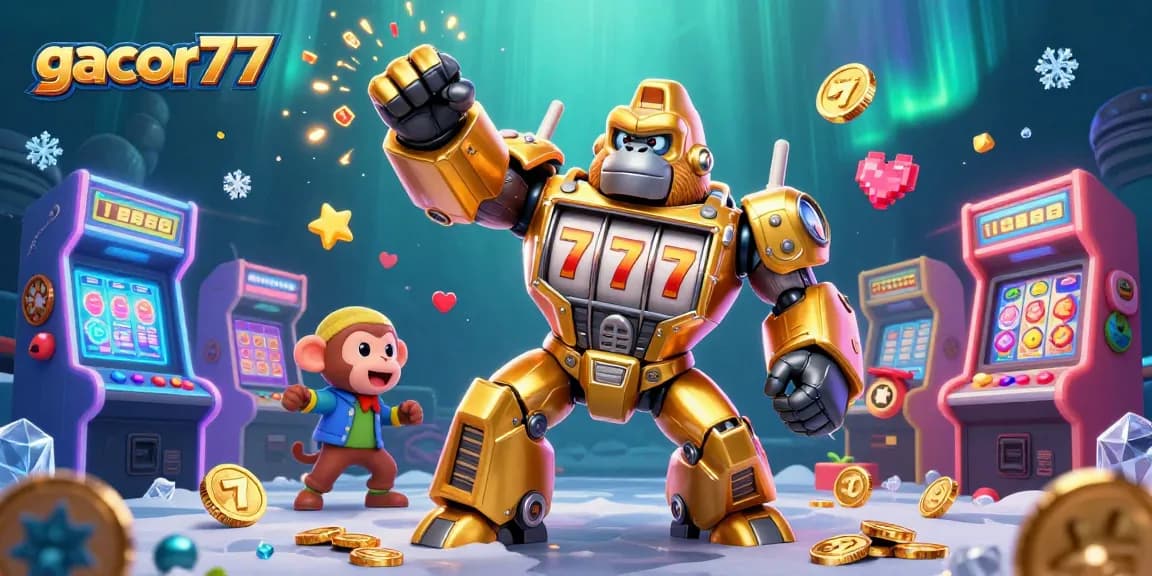 Menangkan jackpot di gacor77 dengan ilustrasi 3D gorila emas futuristik yang menghancurkan dengan koin yang meledak.