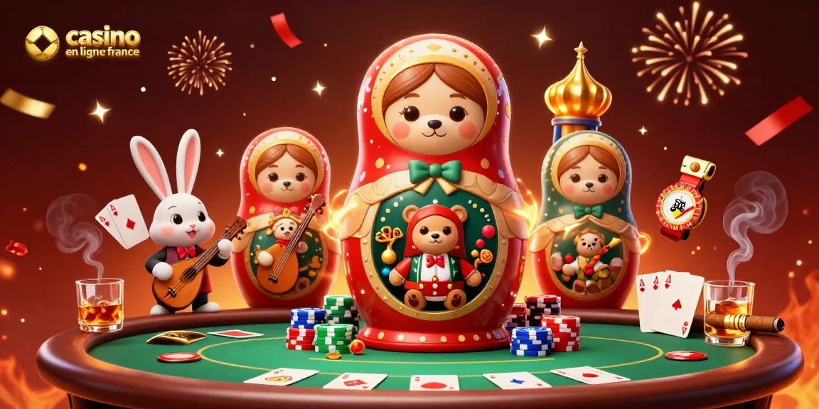 Jouez dans le casino en ligne France avec des personnages colorés et festifs autour d'une table de poker.
