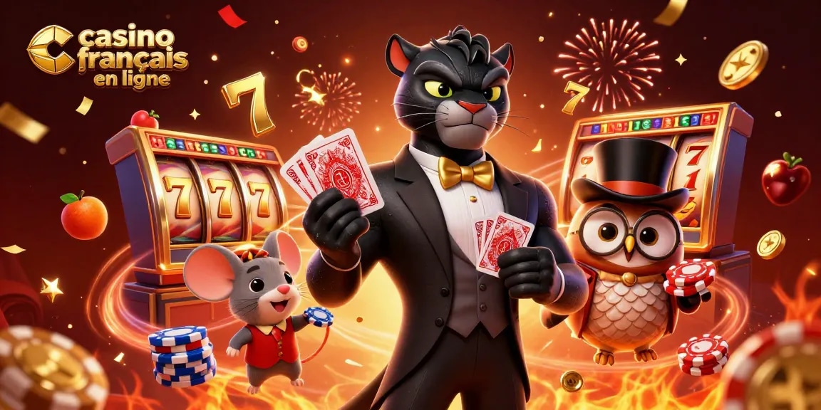 Jouez au casino francais en ligne avec une illustration dynamique d'une panthère en smoking, une chouette en haut de forme, et une petite souris porte-bonheur.