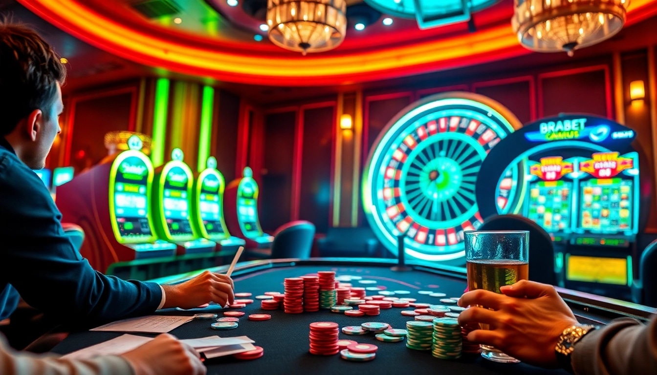 Experience excitement while winning at BRABET's vibrant casino, featuring gaming tables and slot machines.