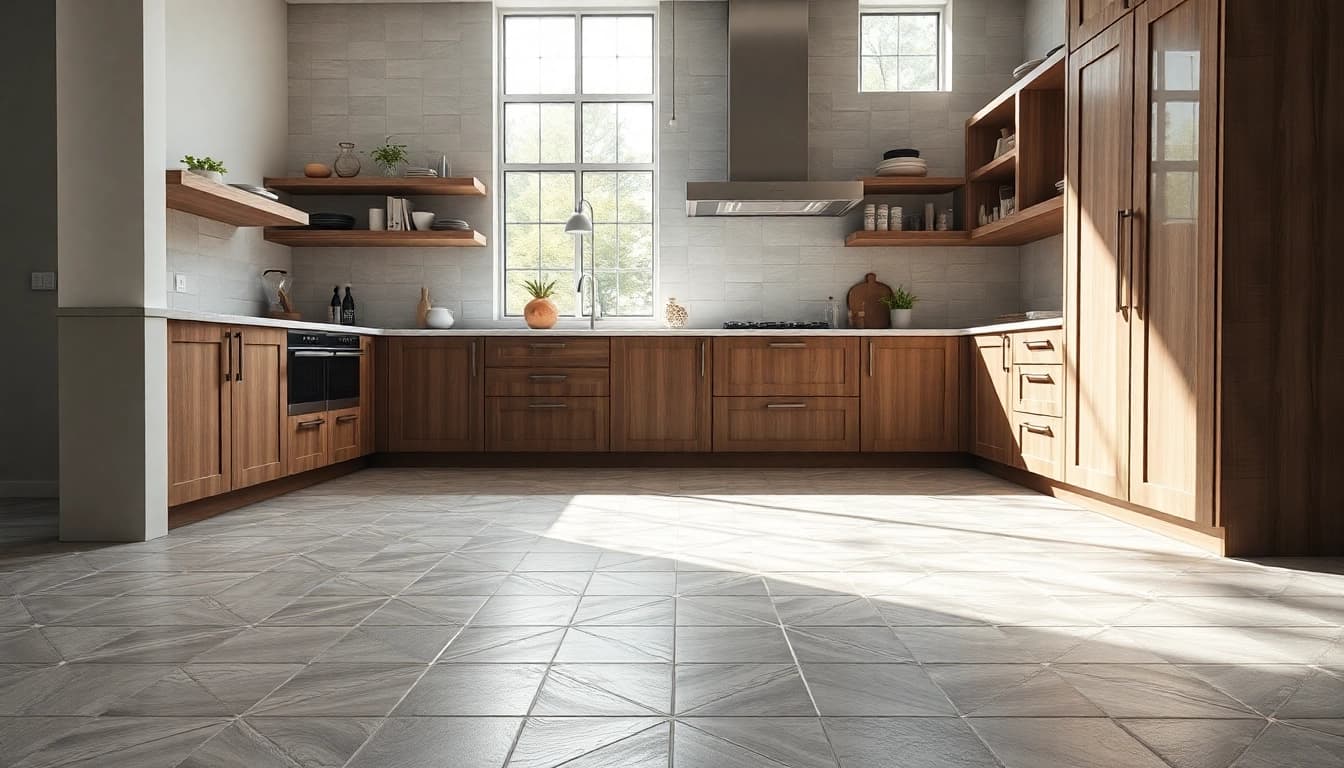 Stunning tile design on a modern kitchen floor highlighting intricate patterns.