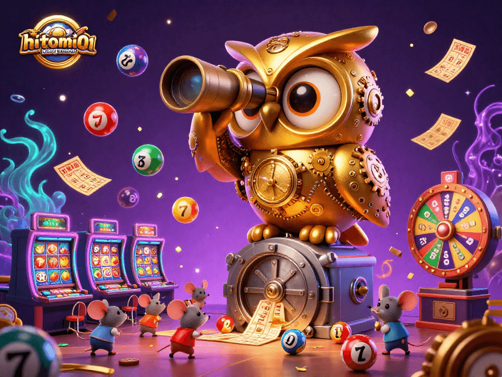 A mesmerizing gaming scene of hitomi-mangaraw01 with a vibrant casino atmosphere featuring animated characters and dynamic lottery elements.