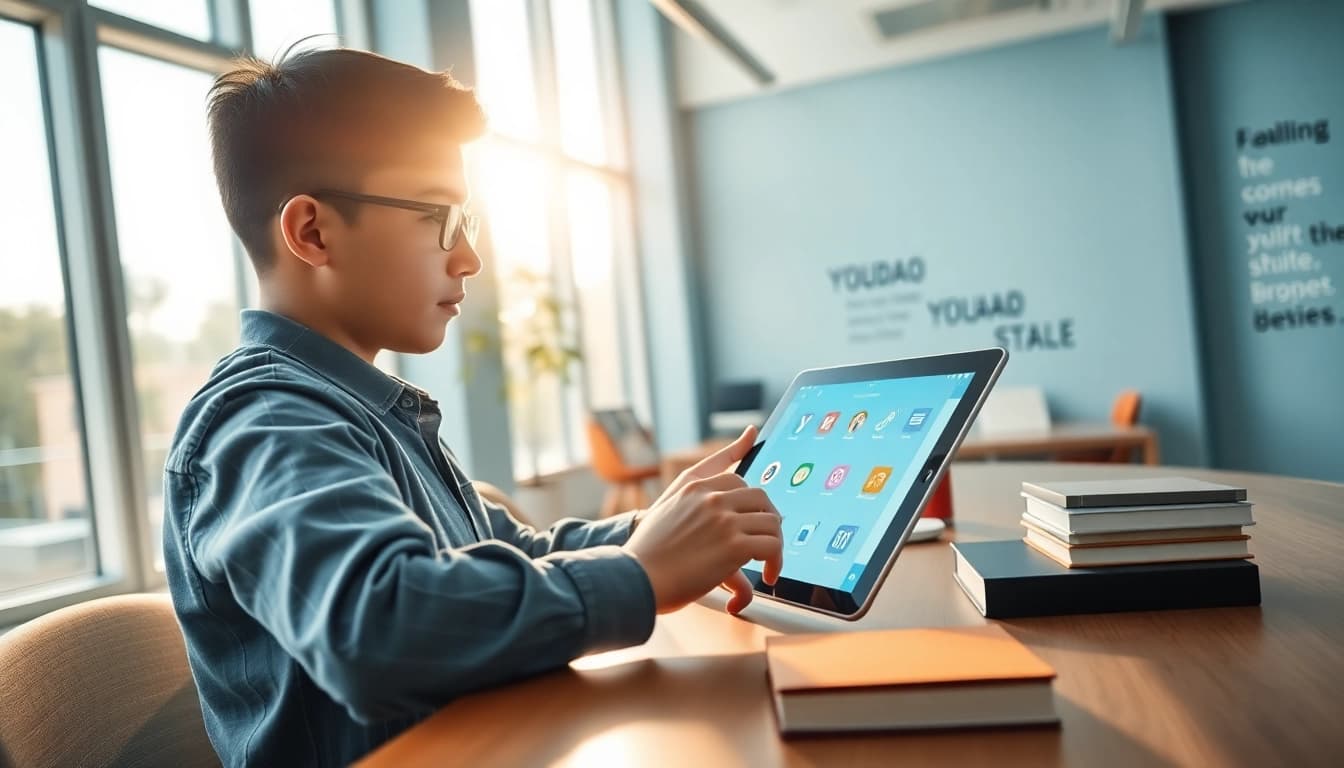 Youdao app in a modern learning environment with a student engaged in digital education.
