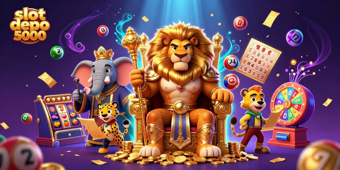 Win big with slot depo 5000; features vibrant scenes with slot machines and dynamic characters.