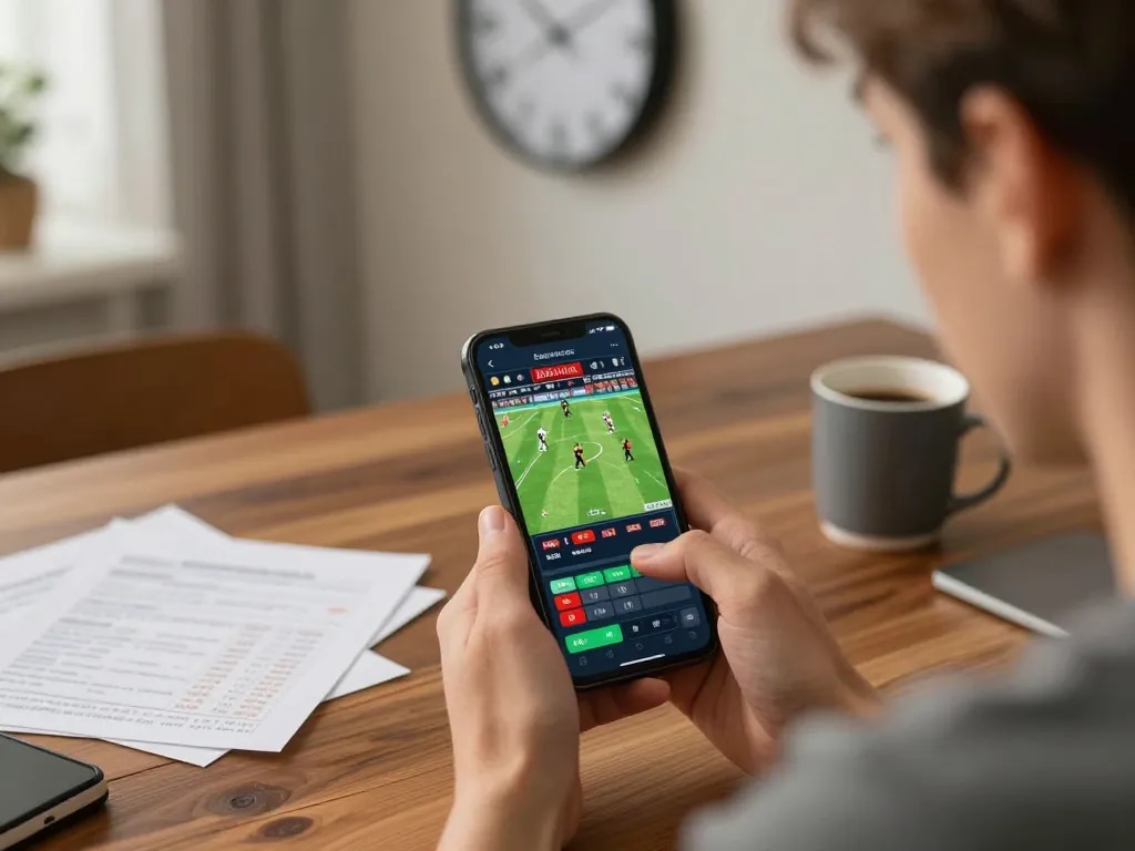 Player analyzing live betting odds on 78wingo app during a home game.