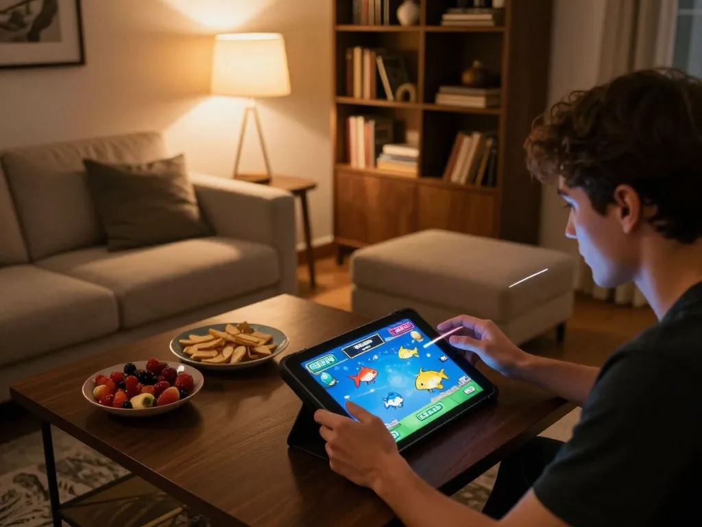 Player enjoying a 3D fish shooting game on G28 platform in a cozy home setting