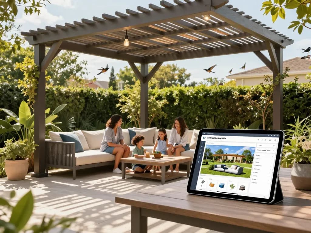 Une famille profitant d'une journée ensoleillée sous une configurateur pergola 3D sur mesure, se relaxant dans un espace de vie extérieur accueillant.