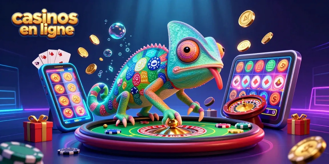 Découvrez des casinos en ligne amusants avec un caméléon jouant aux cartes et des pièces d'or tout autour.