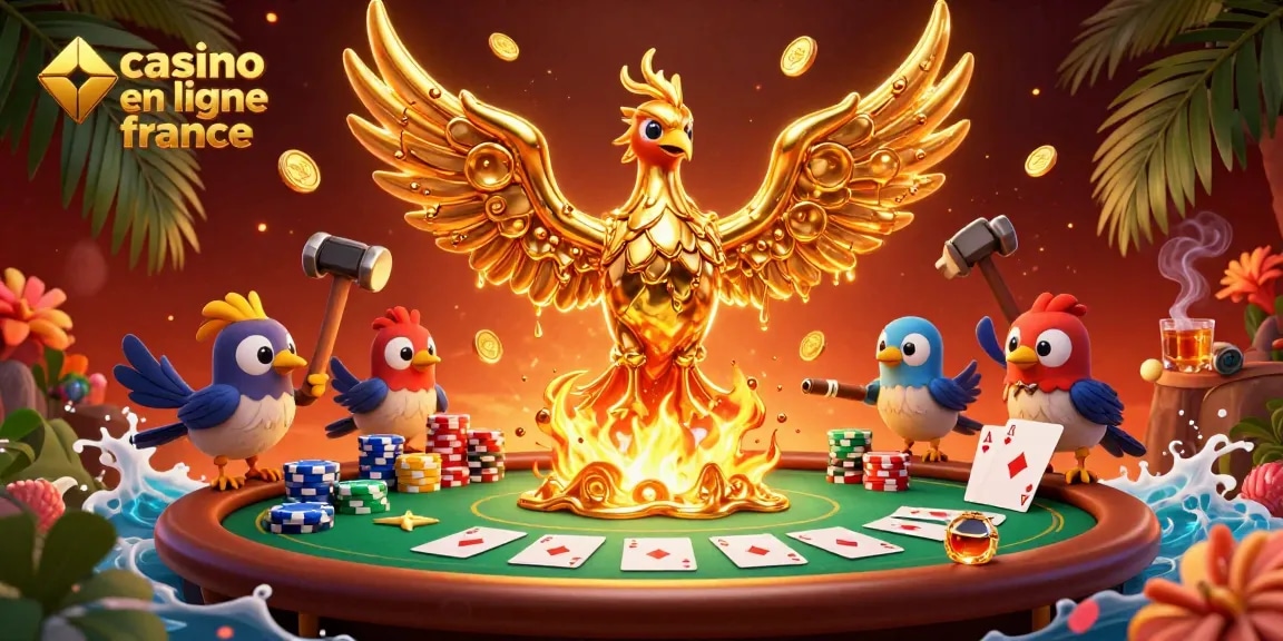 Jouez au casino en ligne France avec le phénix doré et des jetons de poker colorés.