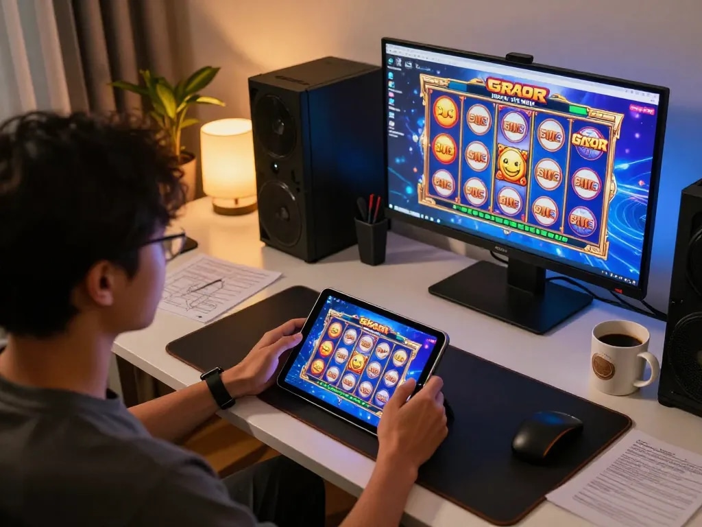 Engaging in slot gacor gameplay on a tablet with vibrant graphics in a cozy home setting