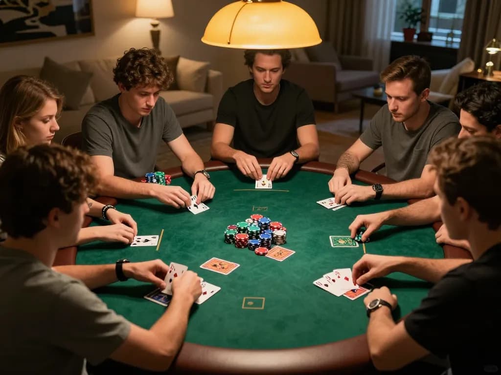 Engaging poker game scene showcasing Hakob Hakobyan Art inspired setting with players focused and chips scattered.