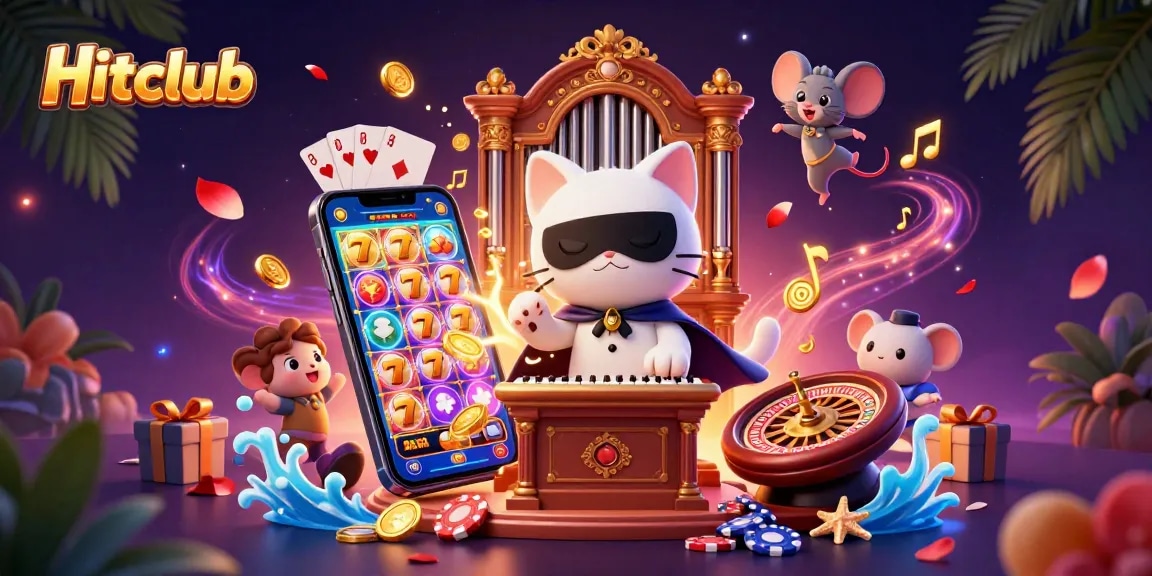 Experience the excitement of Hitclub with vibrant slot games, golden coins, and dynamic characters in a captivating casino scene.