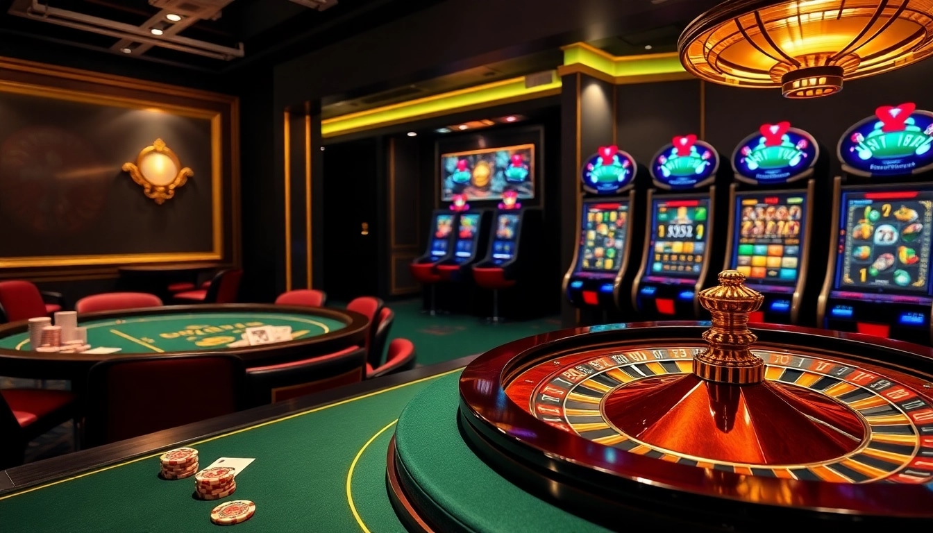 Scène passionnante de casino en ligne France avec des tables de poker élégantes et des machines à sous vibrantes.
