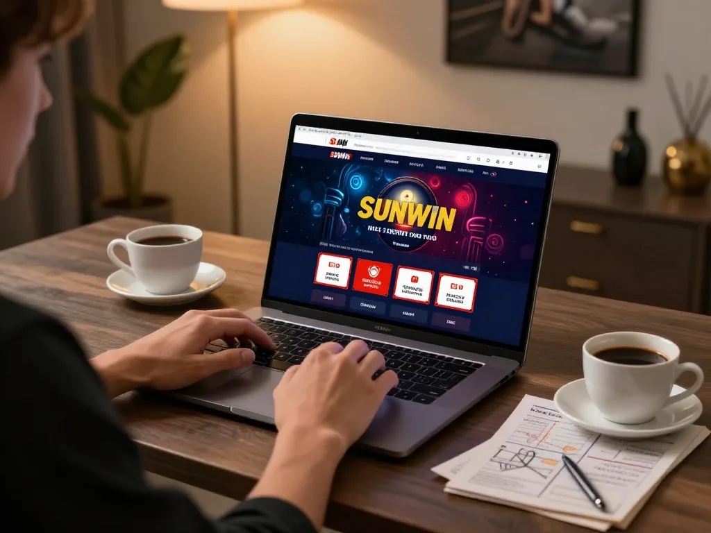 SUNWIN player enjoying online slots with coffee and strategy notes in an elegant gaming setup