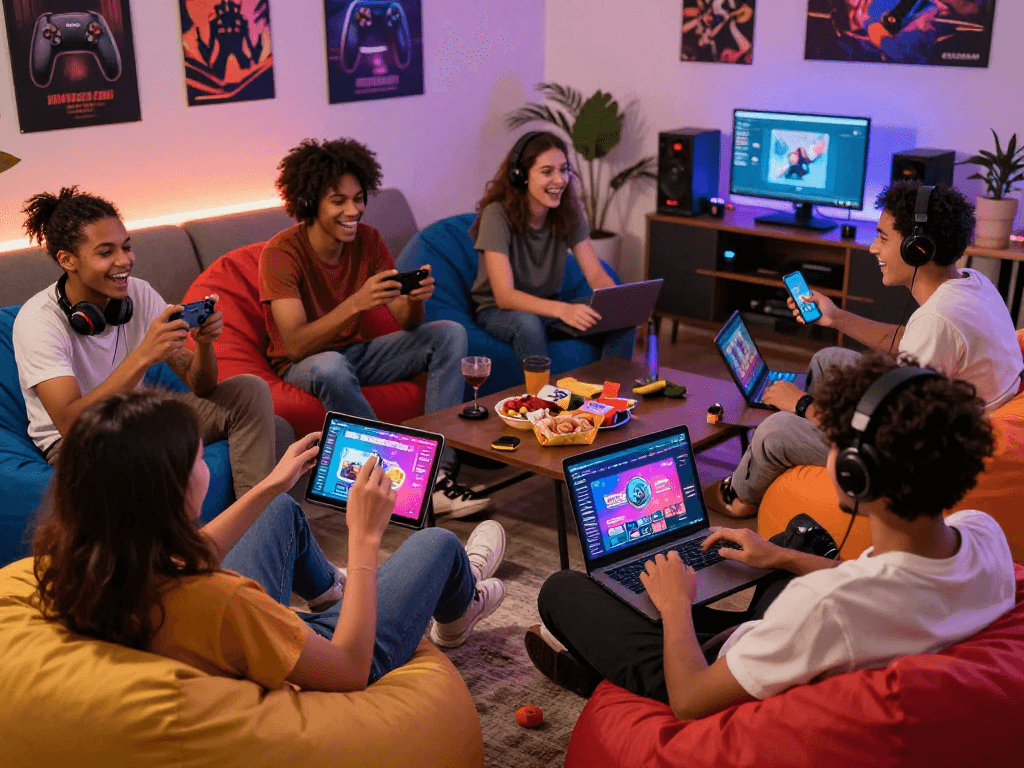 Friends enjoying free porn games in a vibrant gaming setup.